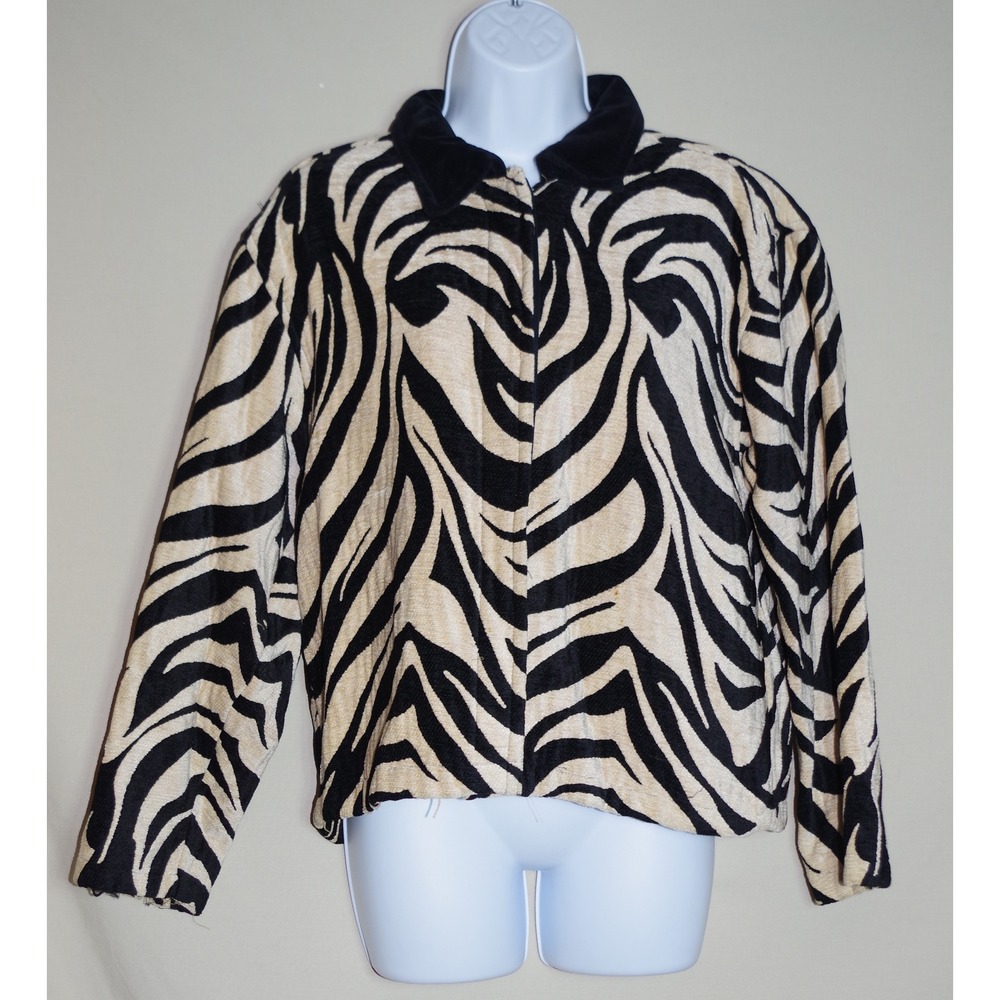 Life Style Vintage Zebra Print Jacket Black Cream Velvet Collar Small